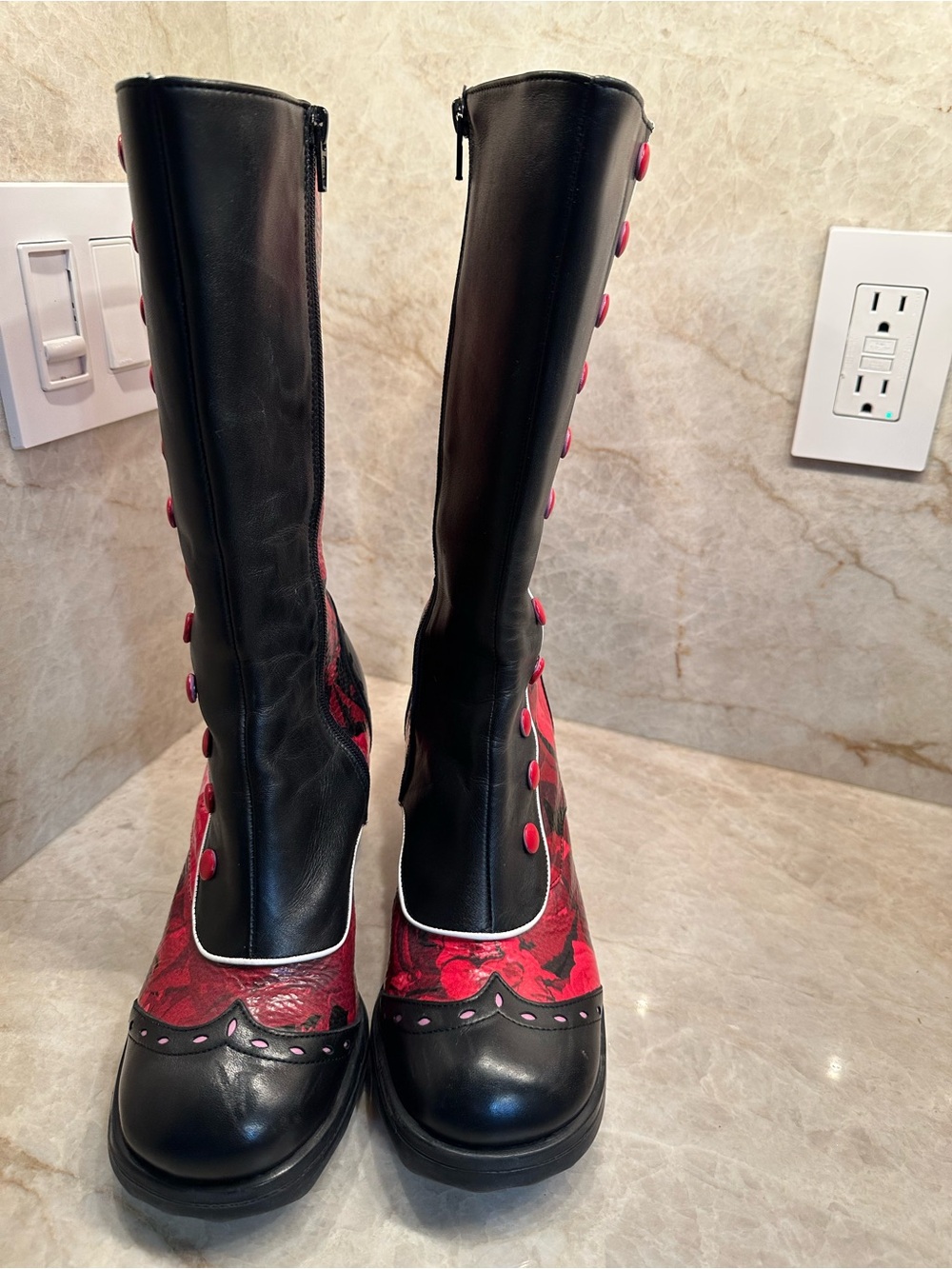 Fluevog Babycakes. Black and Red Floral — Women's Statement Boots - Picture 12 of 12
